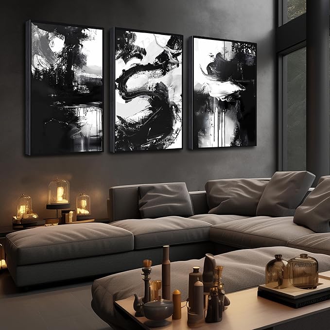Abstract Wall Art for Living Room, Framed Canvas Wall-Decor for Bedroom, Black and White Picture Prints, Size 24 x 36 Inches 3-Pieces