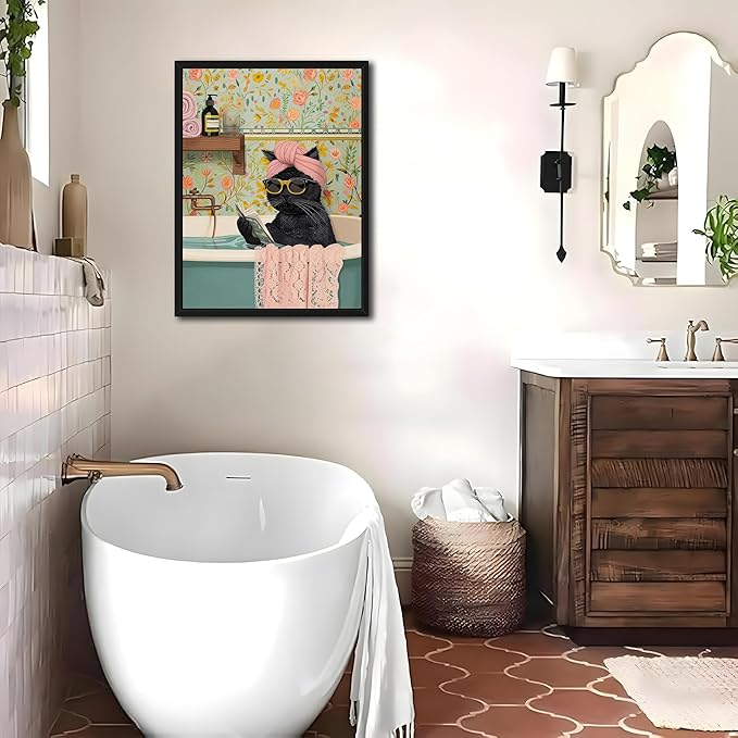 Floating Framed Bathroom Cat Canvas Wall Art, Funny Black Cat Reading Wall Decor, Cute Animal Prints Pictures Posters for Living Room Bedroom Toilet Kids Room Paintings 16x24 inch