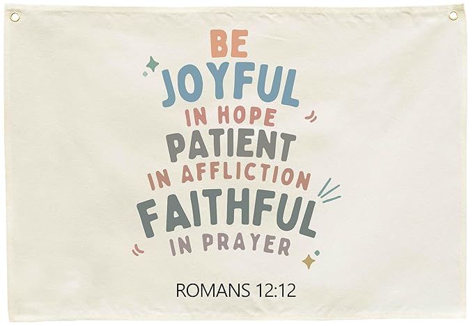 Rectangular Christian Bible Verse Scripture Canvas Banner Wall Decor Flag Sign for Baby Girl Kids,Nursery Bedroom Playroom Nursery Wall Decor,Baby Shower Baptism Christmas Gift-Be Joyful In Hope