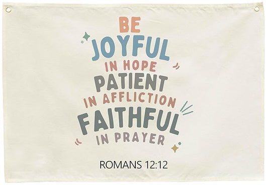 Rectangular Christian Bible Verse Scripture Canvas Banner Wall Decor Flag Sign for Baby Girl Kids,Nursery Bedroom Playroom Nursery Wall Decor,Baby Shower Baptism Christmas Gift-Be Joyful In Hope