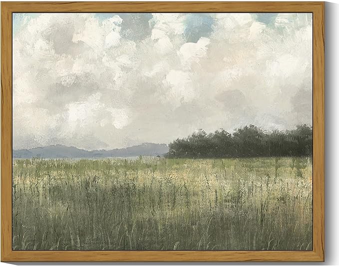 SHENIFY Vintage Landscape Framed Wall Art Country Meadow Scenery Farmhouse Decor Retro Painting for Living Room Bedroom Ready to Hang Wall Artwork - 8x10in Natural Framed