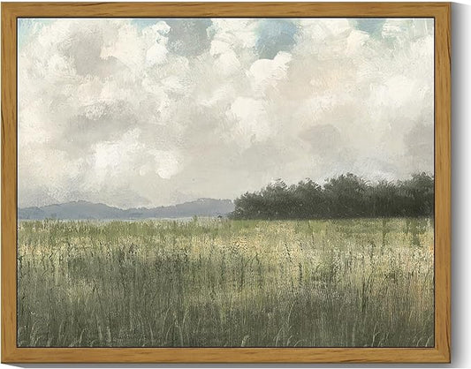 SHENIFY Vintage Landscape Framed Wall Art Country Meadow Scenery Farmhouse Decor Retro Painting for Living Room Bedroom Ready to Hang Wall Artwork - 8x10in Natural Framed