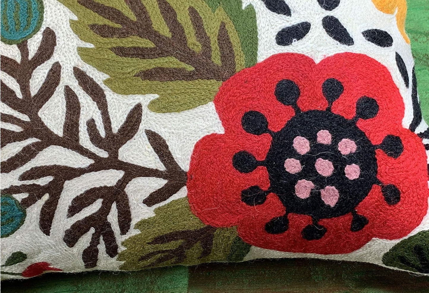 Lumbar Cream Suzani Cushions - Boho Floral Throw Pillows | Outdoor Pillows & Chair Cushions - Hand Embroidered Wool Size - 14x20
