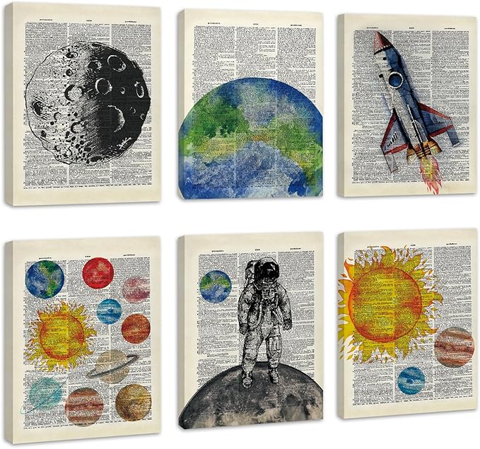 CHDITB Space Exploration Canvas Wall Art, Solar System Wall Decor, Set Of 6 Dictionary Outer Space Poster With Frame Astronaut Wall Art Universe Art Prints For Kids Room Nursery Decor (8x10 Inches)