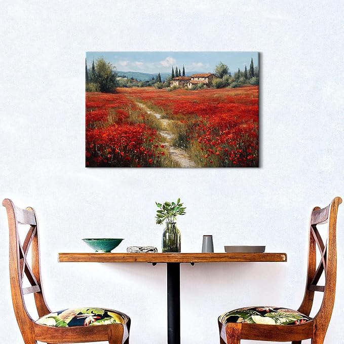 Abstract Red Flowers Wall Art Nature Poppy Landscape Canvas Wall Prints Vintage Floral Field Posters for Bathroom Country Flower Scenic Paintings Artwork for Living Room Bedroom Home Decoration 16x24"