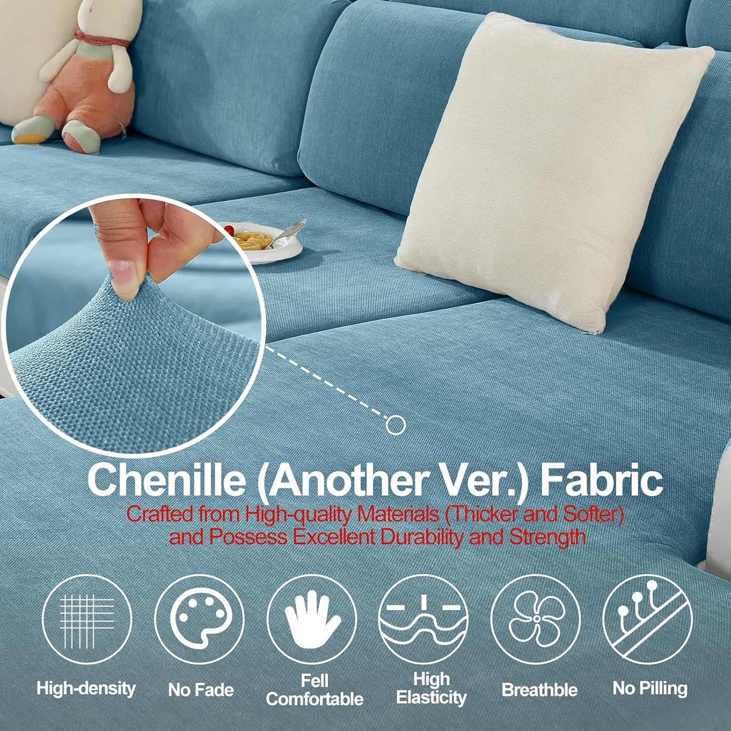 Large Backrest Cushion Covers Super Stretch Backrest Covers for 3 Cushion Couch Sofa, Couch Back Cushion Covers Featuring with Chenille Yarn (Softer Version, 3PC, Blue)