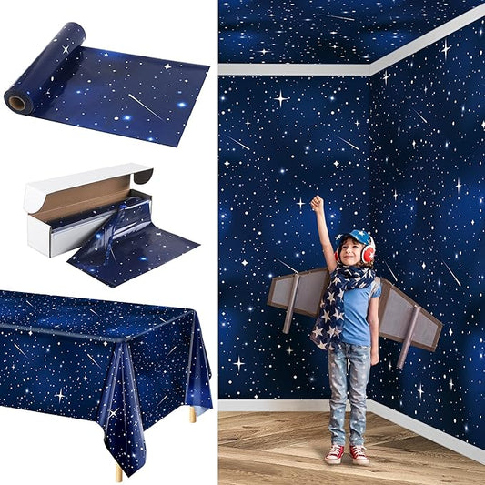 Kochorie 100 Ft X 54 Inch Space Galaxy Tablecloth Roll with Cutter Box Disposable Plastic Blue Galaxy Table Cloth Starry Night Wall Backdrop for Space Star Theme Birthday Baby Shower Party Decorations