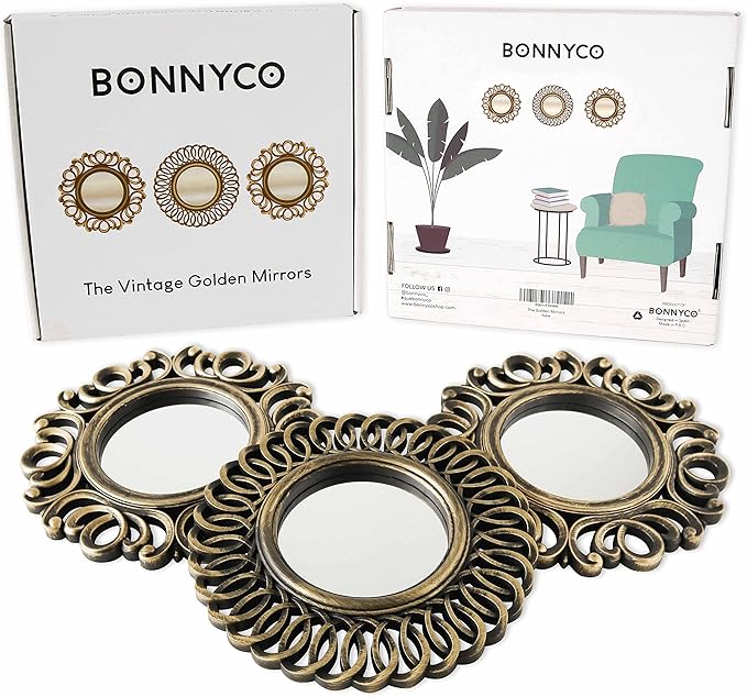 BONNYCO Wall Mirrors Pack of 3, Round Gold Mirrors for Home Decor Bedroom and Living Room. Espejos Decorativos de Pared Sala Dormitorio, Circle Wall Decor Minimalist Vintage Chic. Gifts for Women Mums