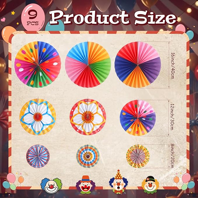 Outus 13 Pcs Carnival Party Decoration Set Hanging Circus Theme Party Ceiling Classroom Decorations with Clown Face Cutouts Carnival Circus Hanging Paper Fans Decor Birthday Favor Supply
