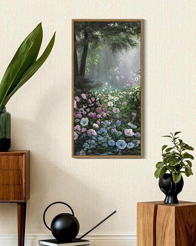 SHENIFY Vintage Floral Framed Wall Art Garden in Flower Scenery Farmhouse Decor Retro Flower Sea Field Painting for Bedroom Living Room Ready to Hang Wall Artwork - 8x16in Natural Framed