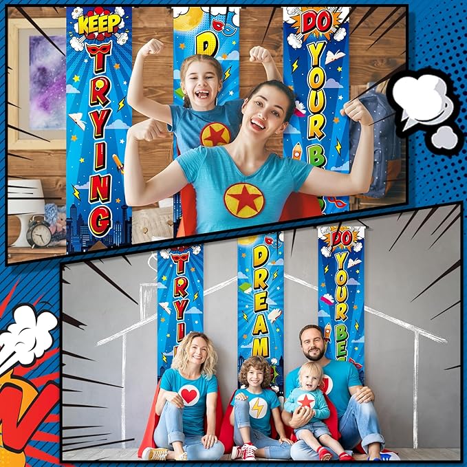 3 Pieces Hero Party Decorations Hero Wall Banners Porch Signs Backdrops Inspirational Cityscape Photography Background for Theme Birthday Party Baby Shower Classroom Decorations