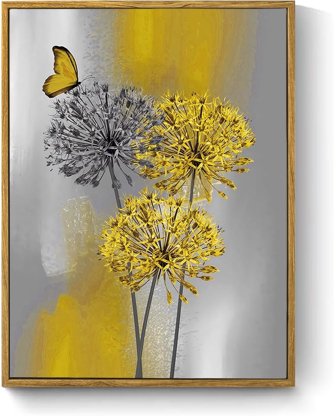 LB Yellow Dandelion Framed Wall Art with Butterfly - Modern Yellow Grey Canvas Wall Art for Home Contemporary Aesthetic Wall Decor for Home, Ready to Hang 17x12 Inch, Living Room Bedroom Bathroom Decor