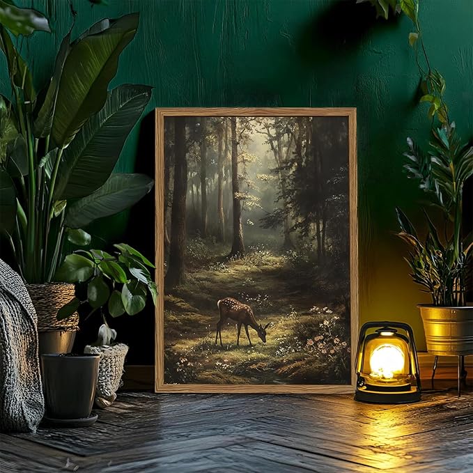 Framed Vintage Forest Deer Canvas Wall Art, Rustic Nature Landscape Paintings Wall Decor, Woodland Animal Pictures Prints Cottagecore Home Decor for Living Room Bedroom Office 16x24 inch