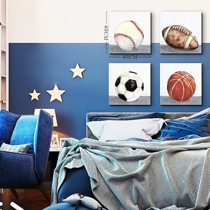 4 Panel Sports Wall Art Boys Room Decor Soccer Posters Baby Nursery Toddler Decor Baseball Basketball Football Canvas Prints Pictures Boy Bedroom Decorations Watercolor Balls Painting Artwork 16x16”