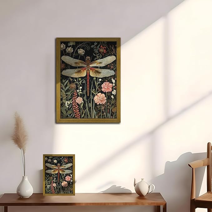 Framed Hand Drawn Sandstone Dragonfly Wall Art, Vintage 3D Textured Nature Botanical Wall Decor Pictures, Pink Flowers Print Painting for Living Room Kitchen Home Decor 12x16inch