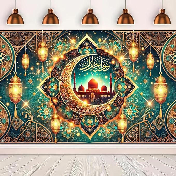 Ramadan Eid Banner Islamic Decoration Green Mosque Crescent Lanterns Hanging Backdrop with Hooks and String Arabic Calligraphy Sign for Muslim Festival Party 150D Polyester Wall Decor