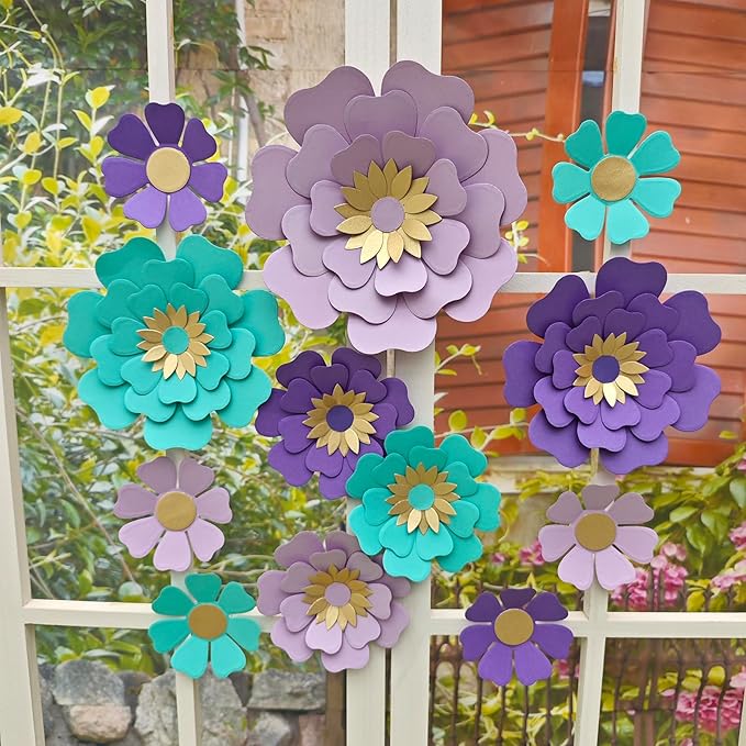 Teal Purple Paper Flower for Wall Turquoise Green Lavender Lilac Mermaid Birthday Party Wedding Bridal Baby Shower Party Decoration Pack of 12