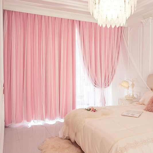 XiDi Pink Blackout Curtains for Girls Bedroom Living Room 63 Inches Long 2 Panels Thermal Insulated Double Layer Curtains with Sheer Overlay Lace Hem for Nursery Kids Princess Grommet Drapes 34Wx63L