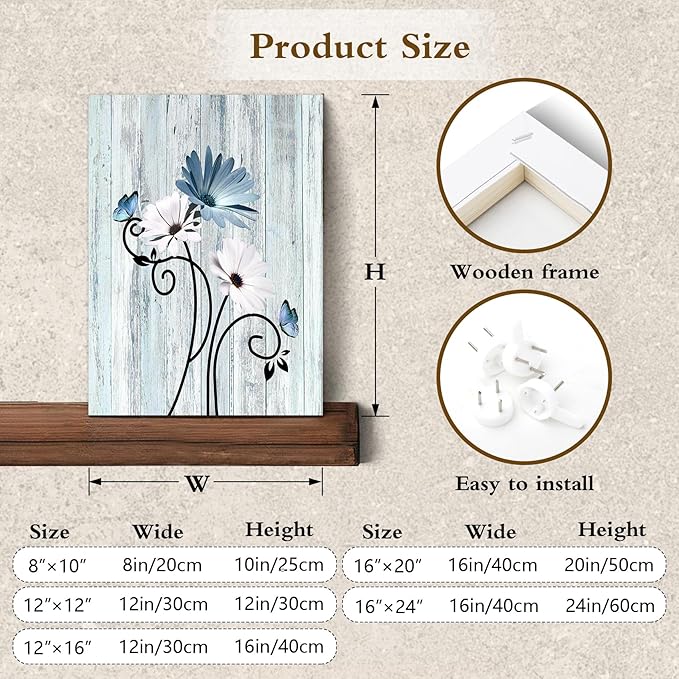 HVEST Blue Floral Wall Art Rustic Farmhouse Daisy Butterfly Bathroom Art Decor Vintage Flower Wall Decor for Living Room Bathroom Bedroom Office, 20L x 16W Inches