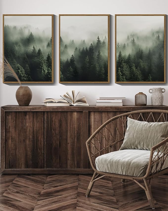 SHENIFY Green Fog Pine Tree Forest Canvas Wall Art 11x14in Framed Modern Artwork Prints Decor