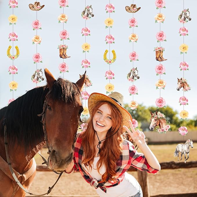 8 Pcs Cowgirl Party Decorations Pink Girl Horse First Birthday Hanging Garlands Watercolor Floral Rose Western Horse Paper Cutouts Streamers for Wild West Cowgirl Baby Shower Party Supplies