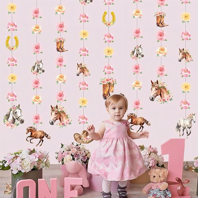 8 Pcs Cowgirl Party Decorations Pink Girl Horse First Birthday Hanging Garlands Watercolor Floral Rose Western Horse Paper Cutouts Streamers for Wild West Cowgirl Baby Shower Party Supplies