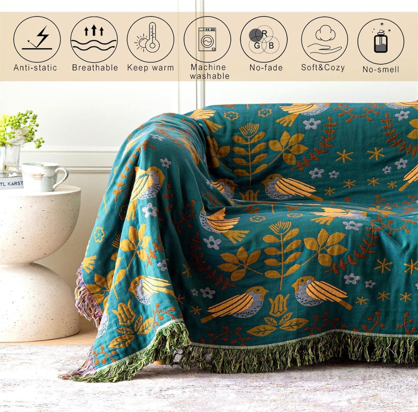 Cotton Throw Blanket 100% Muslin for Couch Bed 80''x 90'' Farmhouse Blanket 4-Layer Summer Blankets Boho Quilt Decor for All Seasons Cozy Soft Lightweight Knitted Warm Blanket Gifts for Women