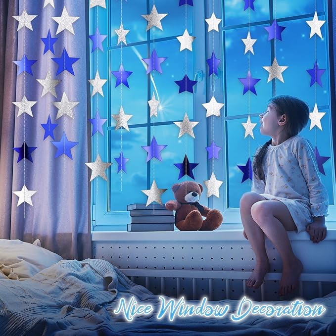 Patelai Glitter Star Garland Banner 2026 Graduation Decor 130 Feet Star Hanging Banner Twinkle Backdrop for Party Birthday Classroom Wedding Supplies(Ocean Blue, Glitter Silver)