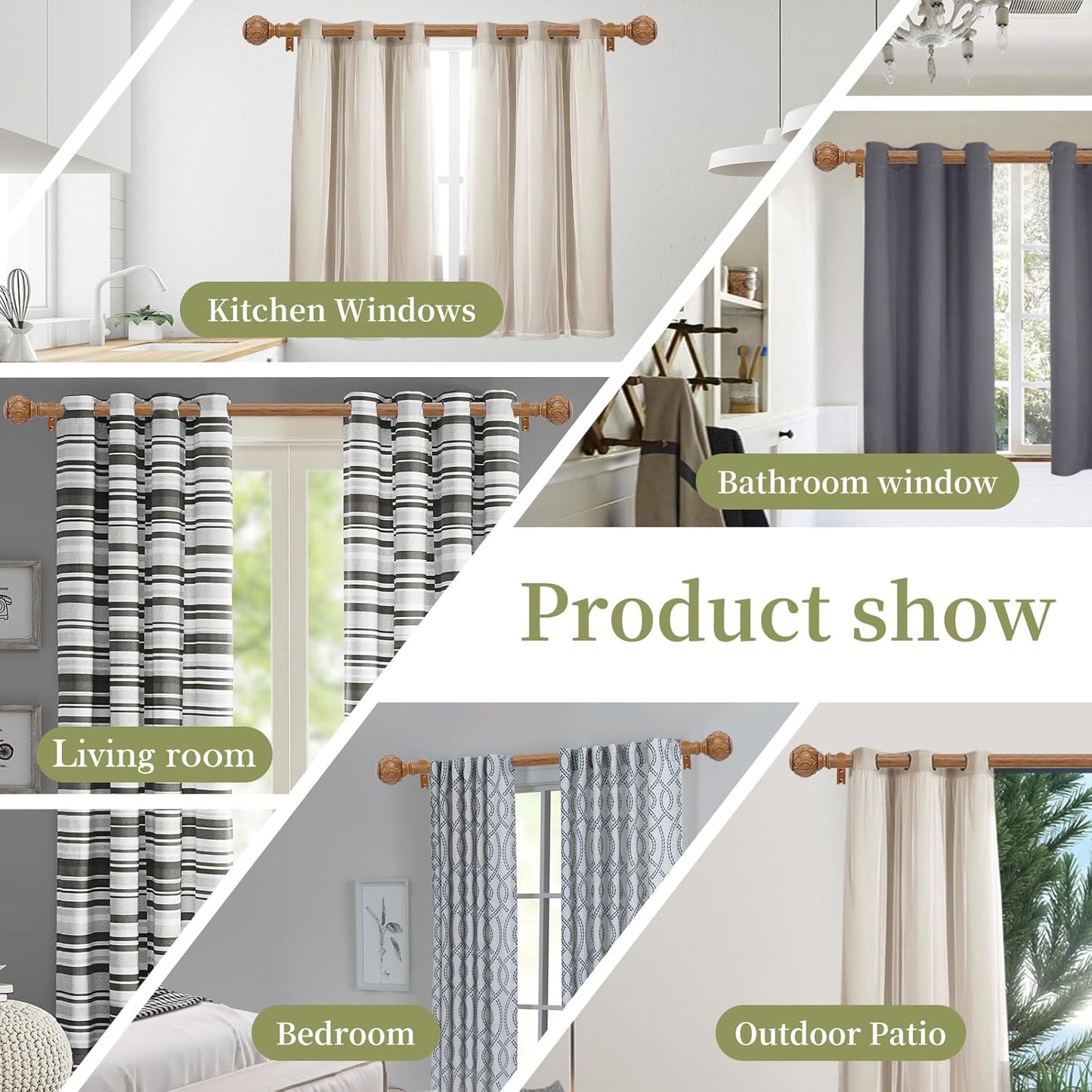 Wood Boho Curtain Rods for Windows:72-144Inch Wooden Farmhouse Curtain Rod for Bedroom Living Room,Heavy Duty Adjustable Rustic Decorative Drapery Rod with Vintage Imitation Wood Finial,Brown