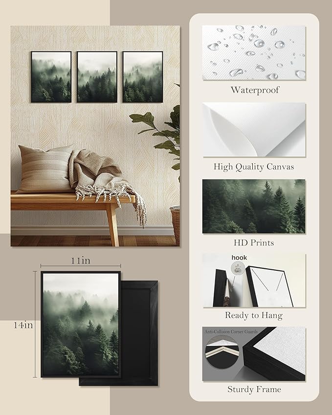 SHENIFY Green Fog Pine Tree Forest Canvas Wall Art 11x14in Framed Nature Modern Artwork Prints Decor - Black Framed