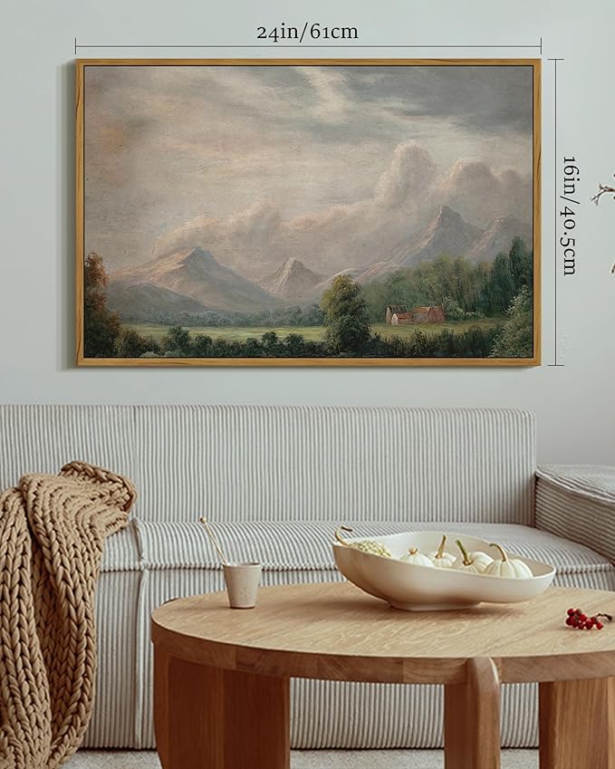 SHENIFY Vintage Framed Wall Art Rustic Cottage Country Riverside Landscape Scenery Home Decor Retro Mountain Decorations for Bedroom Ready to Hang Wall Artwork - 16x24in Natural Framed