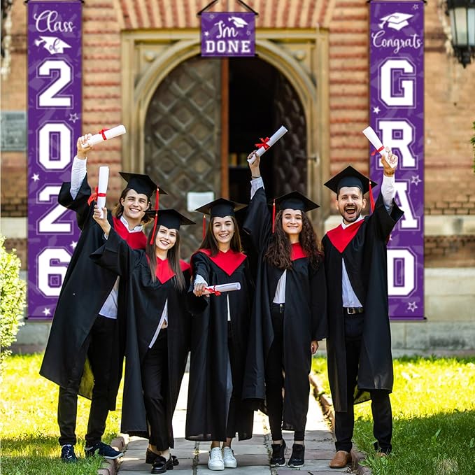 Moukeren 3 Pieces 2026 Graduation Party Decorations Graduation Porch Sign Class of 2026 Grad Hanging Porch Banner Backdrop Door Sign for Grad Party Home Door Wall Decor(Purple)