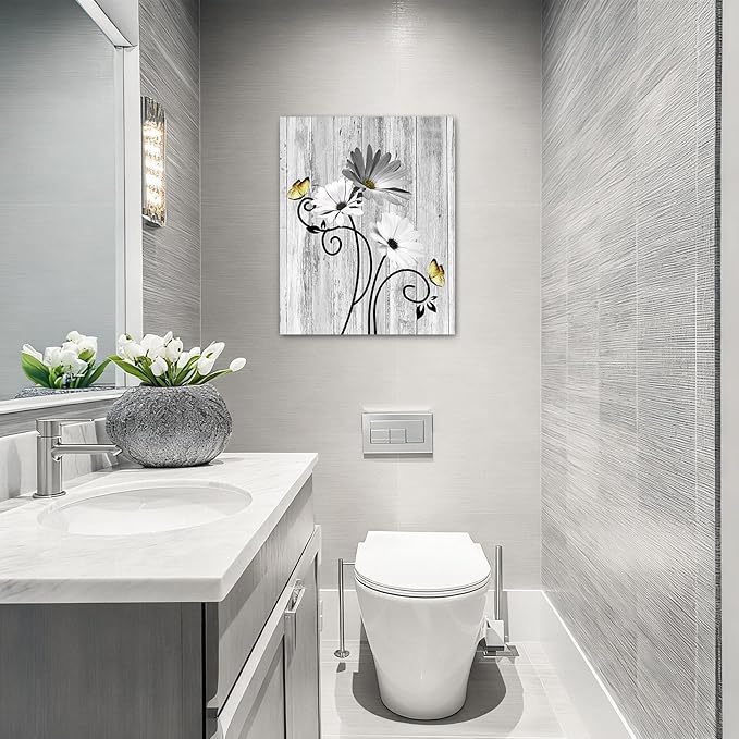 HVEST Grey Daisy Canvas Wall Art Rustic Farmhouse Gray Floral and Yellow Butterfly Bathroom Wall Decor, Vintage Flower Wall Art for Living Room Bedroom Home Office Decor, 16L x 12W Inches