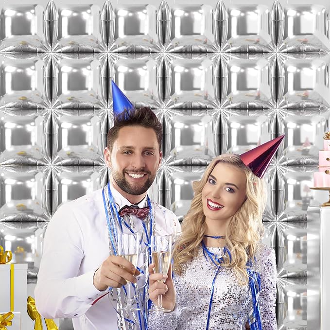 NISOCY 36PCS Metallic Silver Square Foil Balloons Wall Backdrop Chrome Silver Balloons Tunnel Garland Arch Kit for New Year Anniversary Bachelorette Birthday Engagement Bridal Shower Party Decorations