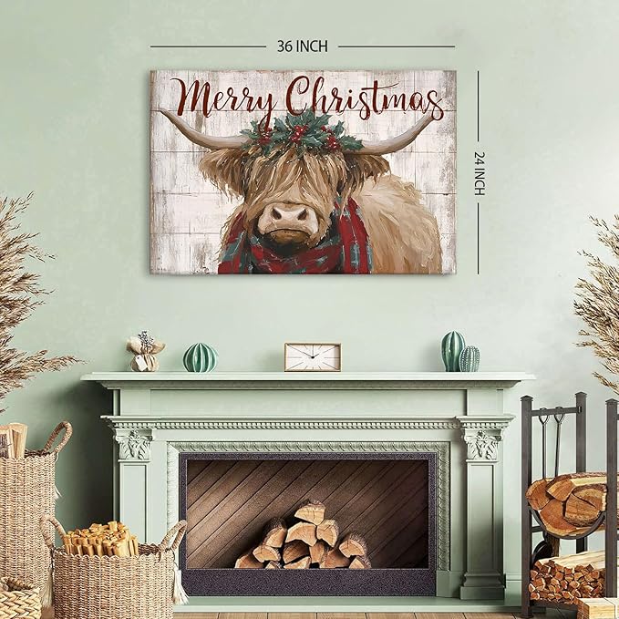 Christmas Cow Pictures Wall Decor Merry Christmas Sign Canvas Wall Art Vintage Longhorn Highland Poster Painting Rustic Farmhouse Animal Prints Artwork for Living Room Bathroom Home Decorations 24x36"