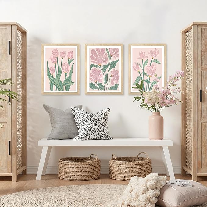 JLTULT 3 Pieces Pink Tulips Floral Wall Art, Boho Pink Green Botanical Wall Decor, Modern Abstract Flowers Paintings Art Prints for Living Room Bedroom Home Office12x16 inch Wood Framed Ready to Hang
