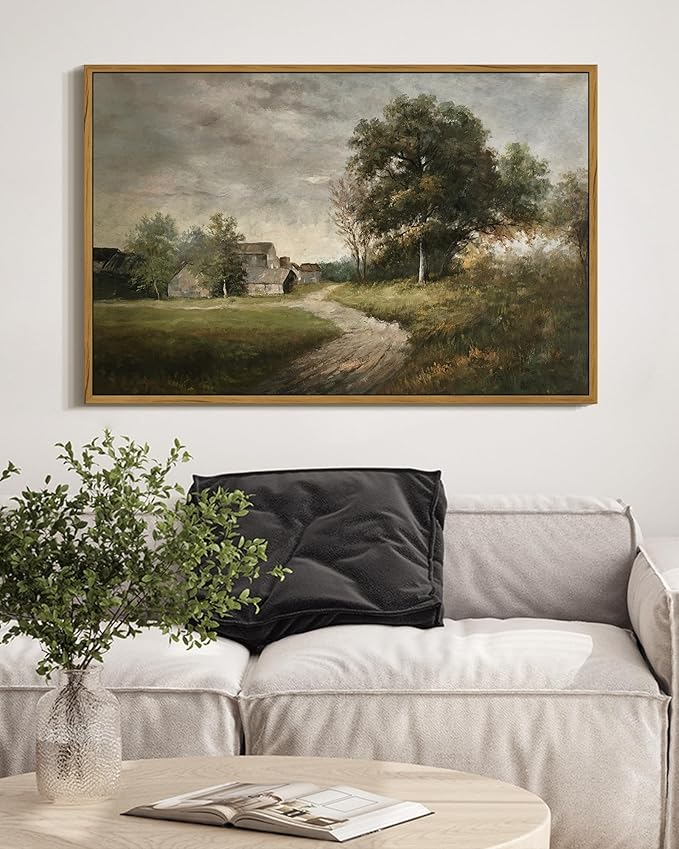 SHENIFY Vintage Landscape Framed Wall Art Rustic Cottage Countryside Farmhouse Decor Retro Painting for Hallway Living Room Bedroom Dining Room - 16x24in Natural Framed