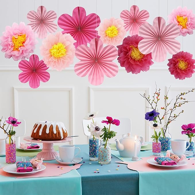 BestoFun 12PCS Paper Flowers Fans Hot Pink Party Decorations Tissue Paper Flowers Decorations for Girl Groovy Birthday Baby Shower Wedding Bachelorette Room Wall Hanging Décor