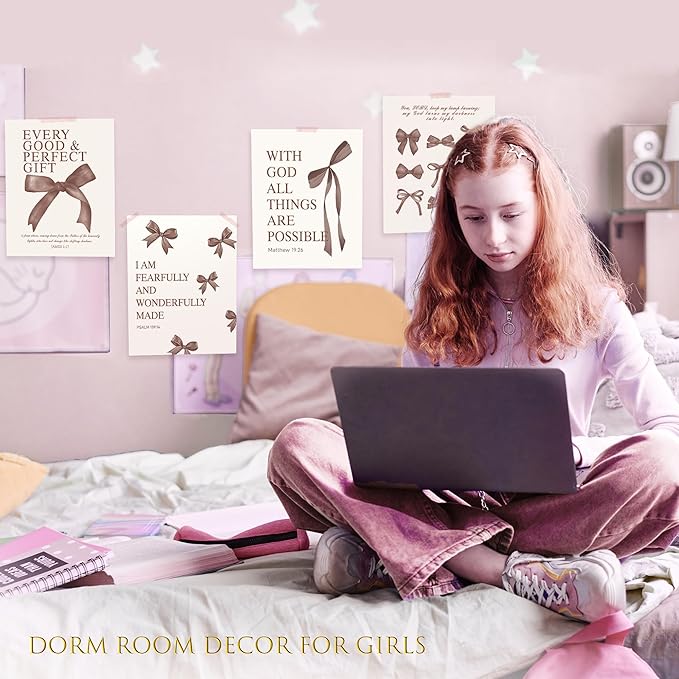 LARTSFRO Coquette Brown Bow Wall Art Decor Posters, Chocolate Brown Bow Room Bedroom Bathroom Dorm Wall Art Decor Aesthetic for College Teen Girls Gifts, Inspirational Bible Verses Bow Wall Decor, 10x8 Inch Set of 4 Pcs Bow Pictures (UNFRAMED)
