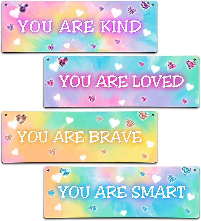 4 Pieces Tie Dye Decor Kids Room Wall Decor Wooden Sign - Motivational Wall Art For Kids Room Nursery Playroom Classroom - You Are Loved Brave Kind Smart(Sign-04)