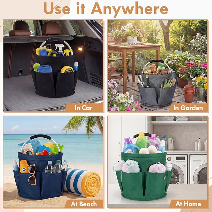 LemonRoad 4 Pack Cleaning Caddy with Handle 17L Foldable Cleaning Supplies Organizer Oxford Cloth Storage Basket with 6 Pockets & Soft Grip Portable Multi Bucket Bag for Home, Garden(4 Colors)