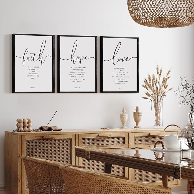 Houmury 3PCS Framed Faith Hope Love Bible Verses Wall Art Farmhouse Religious Quotes Wall Decor Inspirational Wall Art (Black, 16"x24")