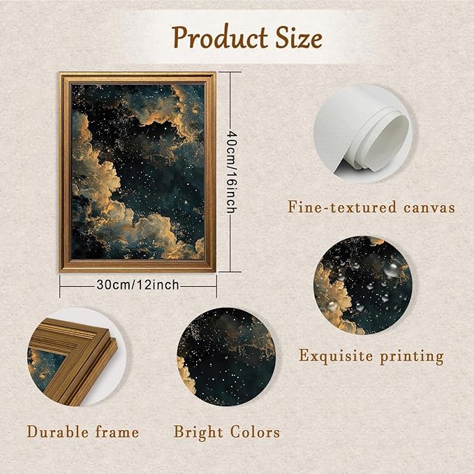 Aroutde Vintage Gold Moody Celestial Wall Art, Cloud Print Abstract Night Sky Stars Art Poster Maximalist Gothic Canvas Wall Decor for Living Room Bedroom Apartment (16L''x12W'')