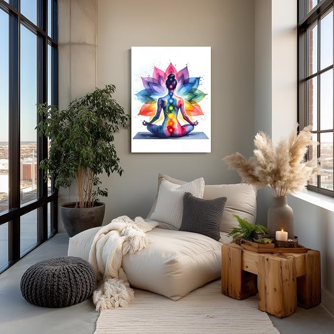GELDSTEI Framed Zen Wall Art, Chakra Yoga Wall Decor, Colorful Meditation Poster Print, Spiritual Canvas Painting, Vibrant Meditating Woman Aesthetic Picture for Living Room Yoga Studio 16x24 Inch