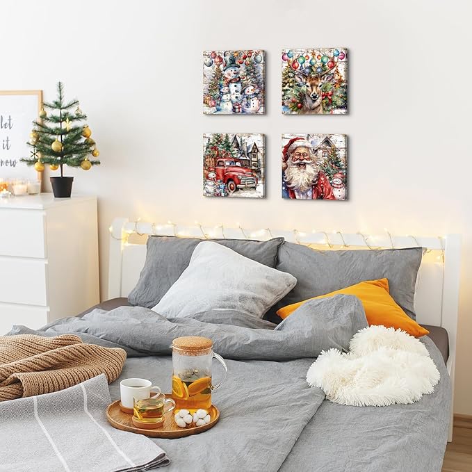 Christmas Pictures Wall Decor Santa Claus Snowman Wall Art Xmas Decorations Vintage Watercolor Deer Elk Posters Canvas Prints Colorful Winter Artwork for Living Room Bedroom Holiday Gifts 12x12" 4P