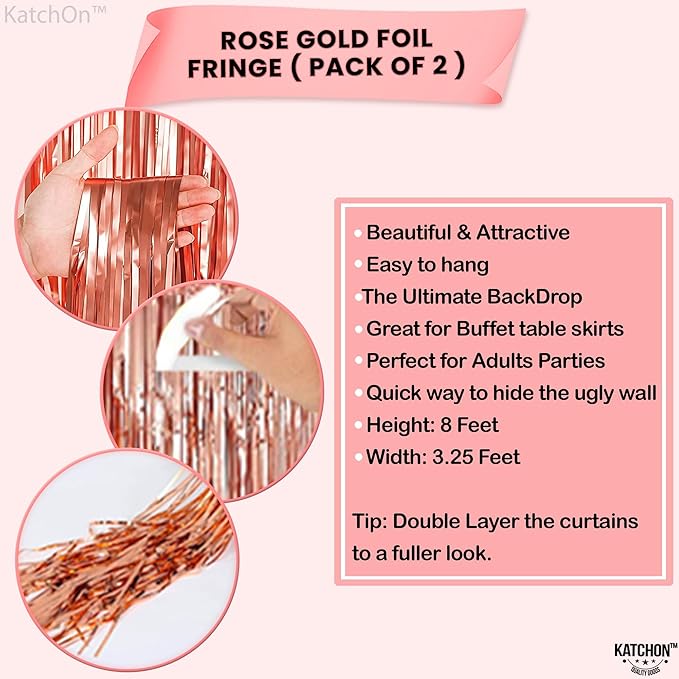KatchOn, Rose Gold Fringe Curtain - XtraLarge 3.2x8 Feet, Pack of 2 | Rosegold Backdrop for Anniversary, Wedding, Bachelorette Party Decorations | Fringe Backdrop for Sweet 16 Birthday Decorations