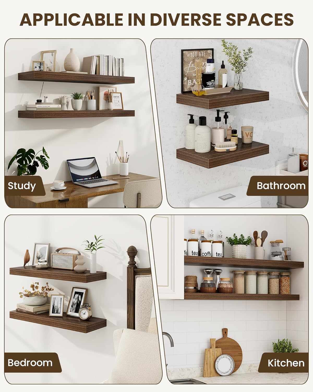 Marsmiles 55" Floating Shelves for Wall, Wooden Shelves with Invisible Brackets Set of 2, Rustic Farmhouse Wall Mounted Shelf for Kitchen Bathroom Living Room Study, Walnut