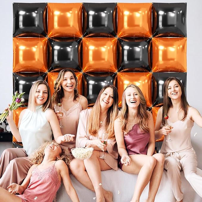 NISOCY 25PCS Halloween Black Orange Square Foil Balloons Wall Backdrop Double Sided Black Orange Balloons Arch Kit for Birthday Graduation Baby Shower Anniversary Party Decorations