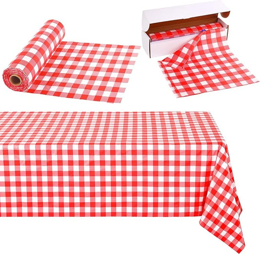 Kochorie 54 Inch x 100 Ft Red Checkered Plastic Table Cloth Roll Disposable Waterproof Table Cover Plastic Table Cover Roll with Easy Slide Cutter for Outdoor Picnic/Home Dining/Summer Party