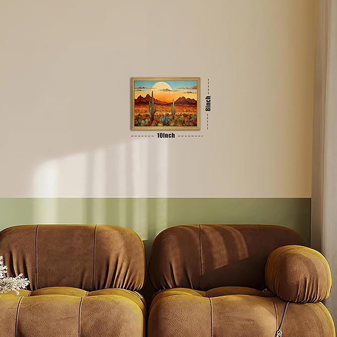 Framed Western Desert Sunset Cactus Wall Art, Vintage Southwest Nature Landscape Canvas Print, Rustic Wall Decor Picture, Boho Mexican Oil Painting for Living Room Bedroom Office bathroom 8x10 Inch
